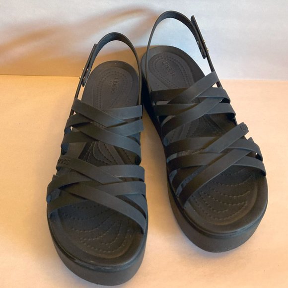 Black Crocs Strappy Sandals LiteRide Platform Women's 11 Comfortable Wedge Soft - Picture 2 of 7